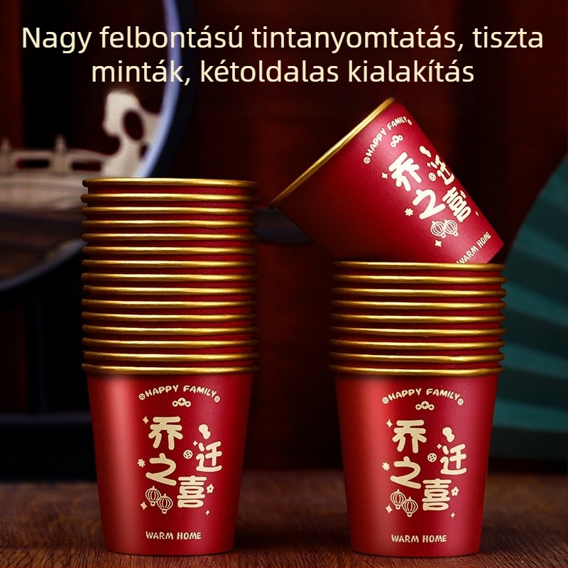 Piros, egyszer használatos papír pohár aranyfóliával, laminált, 201–300 ml, házavató ünnepségre