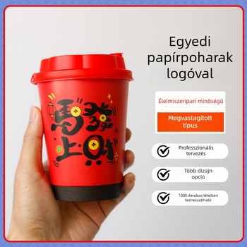 Piros kétszeres falú egyedi papírtartó pohár fedővel forró italokhoz, hőálló, prémium tej-tea pohár