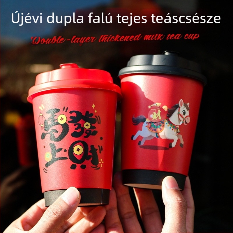 Piros kétszeres falú egyedi papírtartó pohár fedővel forró italokhoz, hőálló, prémium tej-tea pohár