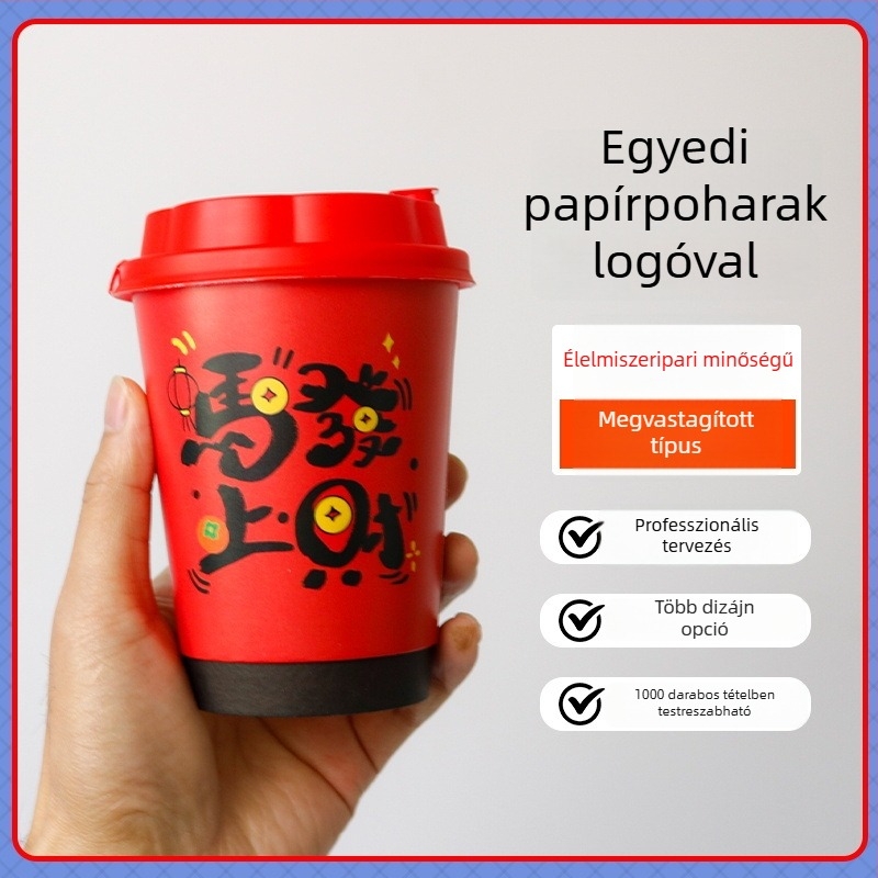Piros kétszeres falú egyedi papírtartó pohár fedővel forró italokhoz, hőálló, prémium tej-tea pohár