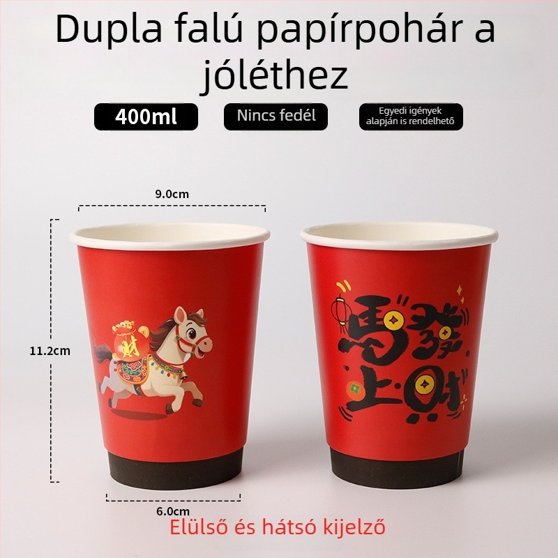 Piros kétszeres falú egyedi papírtartó pohár fedővel forró italokhoz, hőálló, prémium tej-tea pohár
