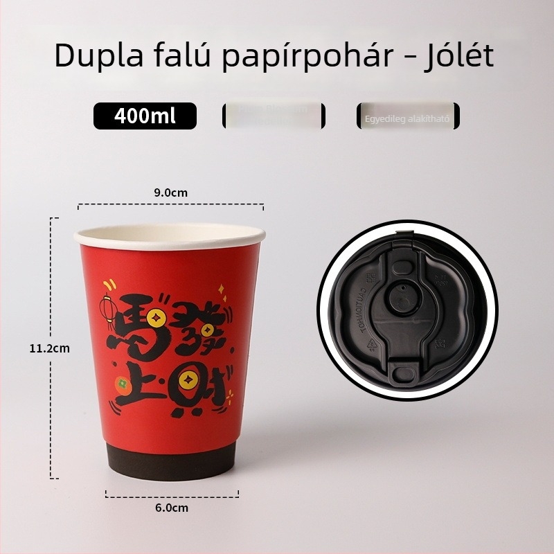 Piros kétszeres falú egyedi papírtartó pohár fedővel forró italokhoz, hőálló, prémium tej-tea pohár