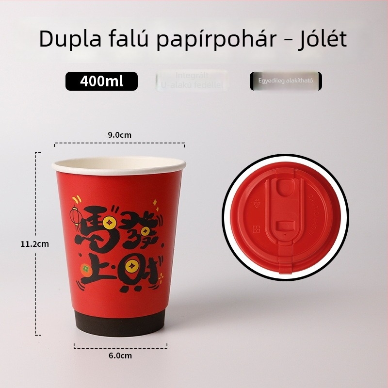 Piros kétszeres falú egyedi papírtartó pohár fedővel forró italokhoz, hőálló, prémium tej-tea pohár