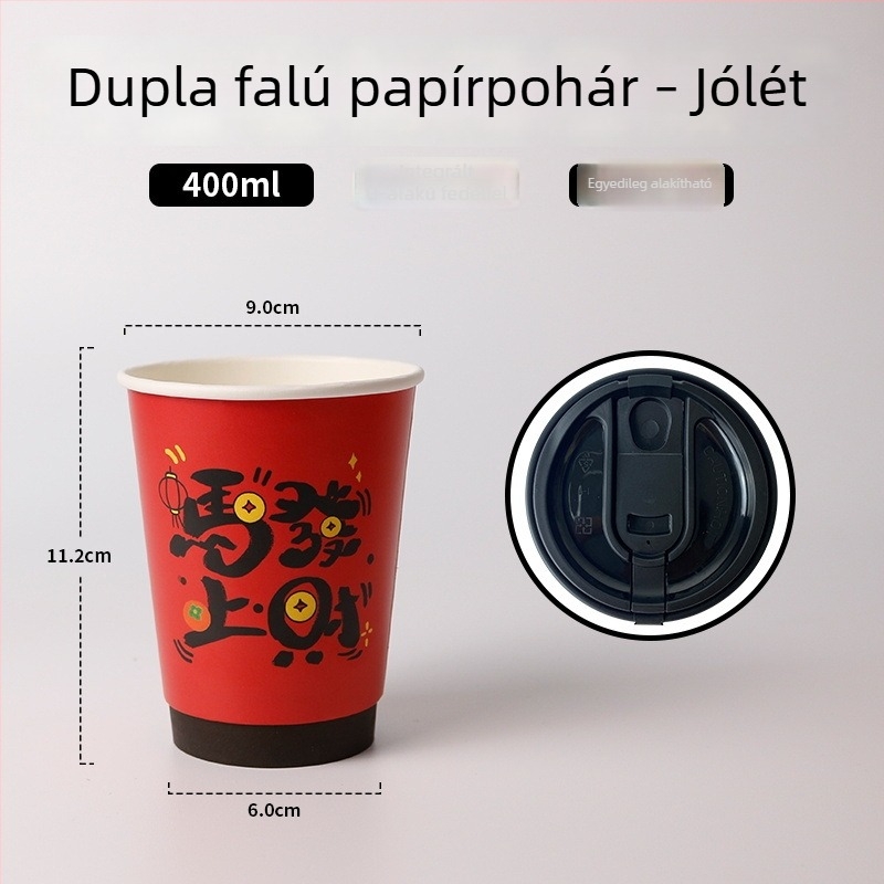 Piros kétszeres falú egyedi papírtartó pohár fedővel forró italokhoz, hőálló, prémium tej-tea pohár
