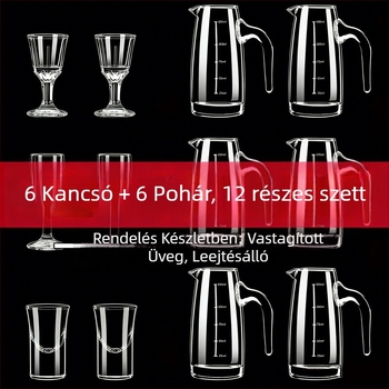 Bor- és szesz kiadagoló készlet, 6 decanterrel és 6 vastag talpú pohárral, törésálló, cateringhez