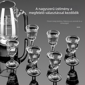 Bor- és szesz kiadagoló készlet, 6 decanterrel és 6 vastag talpú pohárral, törésálló, cateringhez