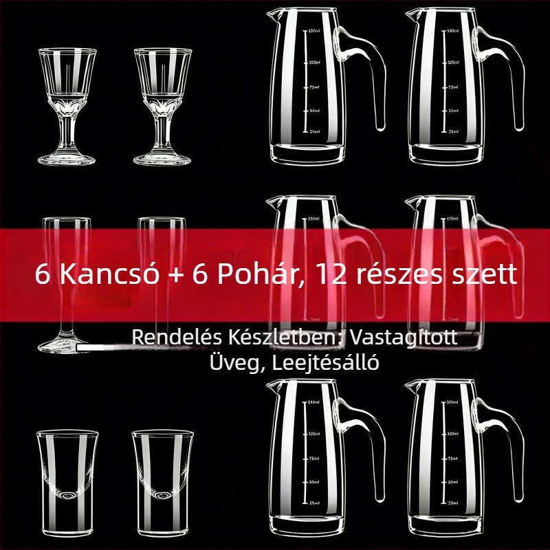 Bor- és szesz kiadagoló készlet, 6 decanterrel és 6 vastag talpú pohárral, törésálló, cateringhez