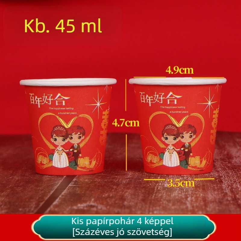 Esküvői egyszer használatos piros papír pohár kóstoláshoz, koccintáshoz és teához; vastagított mini méret, 45 ml
