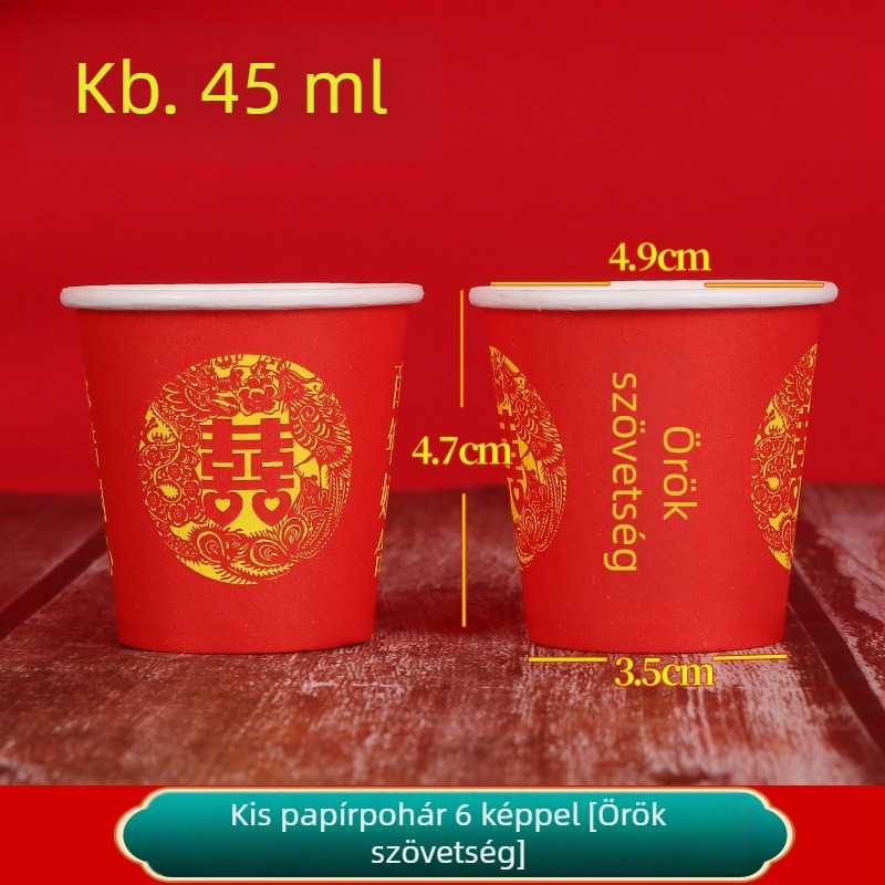 Esküvői egyszer használatos piros papír pohár kóstoláshoz, koccintáshoz és teához; vastagított mini méret, 45 ml