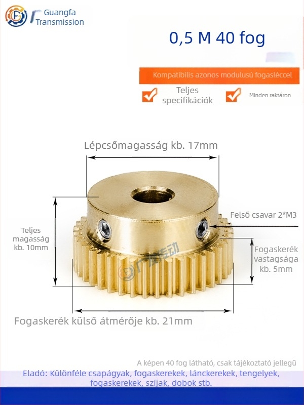 Rézfogaskerék, modul 0,5, 40 fog, kiemelt lépéssel, egyenes rézfogaskerék a fogaslemezhez