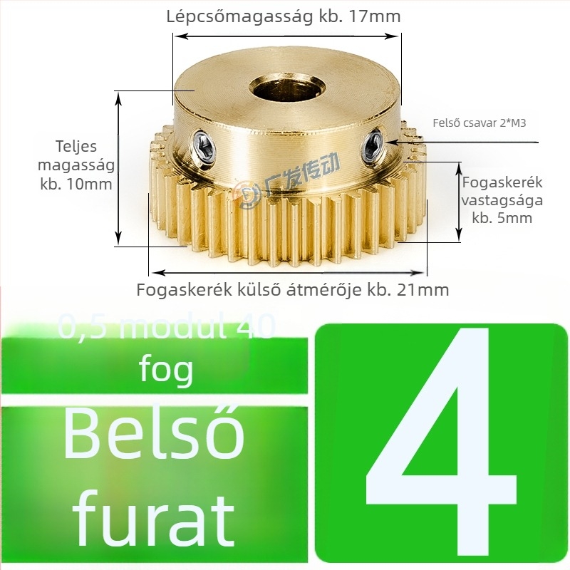 Rézfogaskerék, modul 0,5, 40 fog, kiemelt lépéssel, egyenes rézfogaskerék a fogaslemezhez