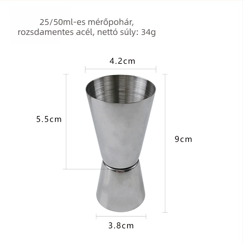 Rozsdamentes acél koktélmérő edény, kétoldalas fej, egyenes él, 25/50 ml, természetes felület