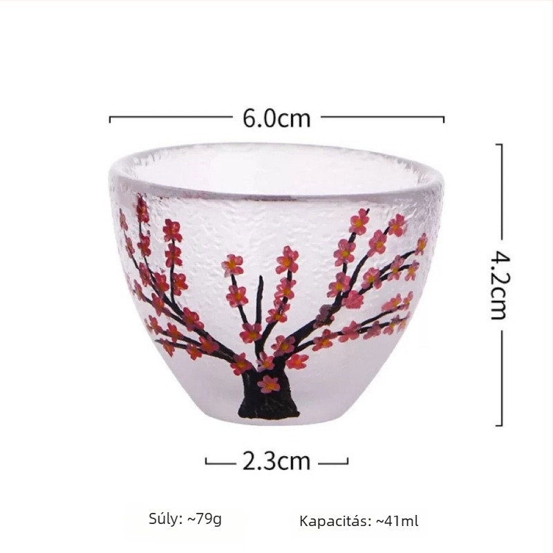 Japán stílusú vintage szaké kanna készlet szilva virágos kézzel festett üvegpoharokkal és melegítővel