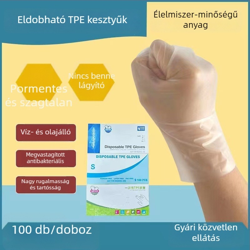 Élelmiszer-minőségű egyszer használatos TPE kesztyűk, vastagított kivitel, otthoni tisztítás és védelem, 100 darabos doboz