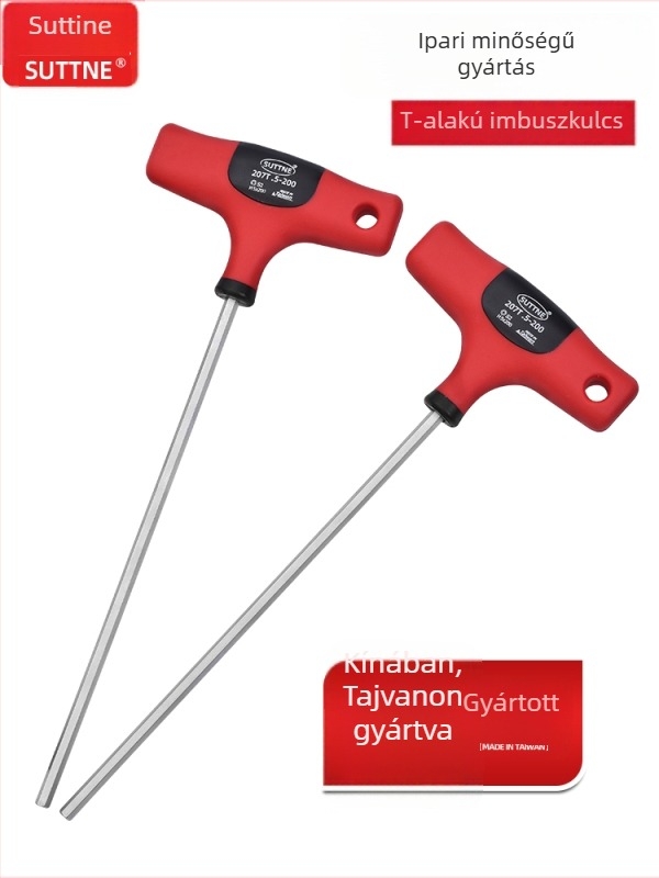 SUTTNE hex kulcs, metrikus méret, hosszított markolat, ipari minőség, S2 szerszámacél, lapos fej, T alakú nyél