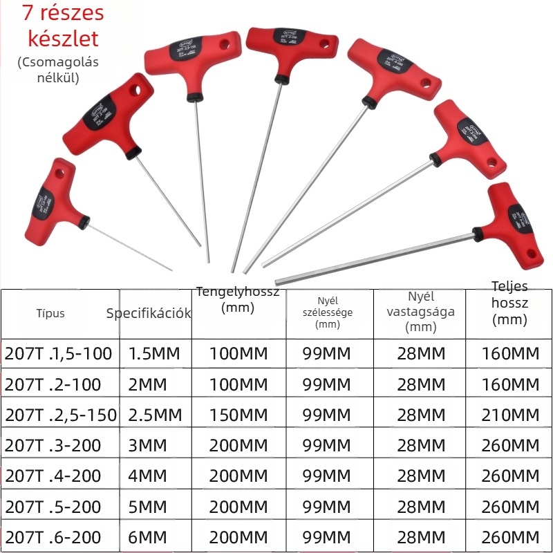 SUTTNE hex kulcs, metrikus méret, hosszított markolat, ipari minőség, S2 szerszámacél, lapos fej, T alakú nyél