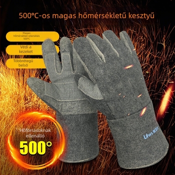 Magas hőmérsékletű kesztyűk 1000°C/500°C hőszigeteléssel, tűzálló, kopásálló, ötujjas, vastagított kivitel, égés elleni védelem