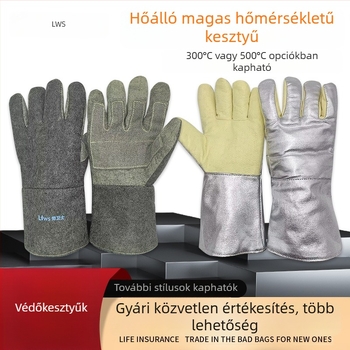 Magas hőmérsékletű kesztyűk 1000°C/500°C hőszigeteléssel, tűzálló, kopásálló, ötujjas, vastagított kivitel, égés elleni védelem