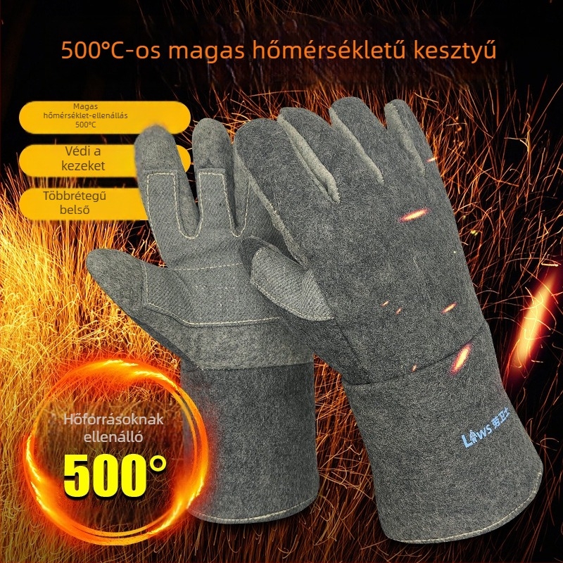Magas hőmérsékletű kesztyűk 1000°C/500°C hőszigeteléssel, tűzálló, kopásálló, ötujjas, vastagított kivitel, égés elleni védelem