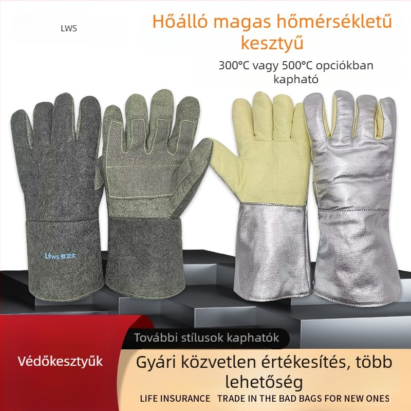 Magas hőmérsékletű kesztyűk 1000°C/500°C hőszigeteléssel, tűzálló, kopásálló, ötujjas, vastagított kivitel, égés elleni védelem
