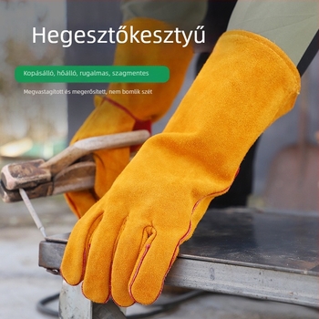 Hegesztő kesztyűk tehénbőrből, puhán megvastagított kivitelben, kopásálló, égési sérülések és magas hőmérséklet elleni védelem, hosszú védőkesztyűk