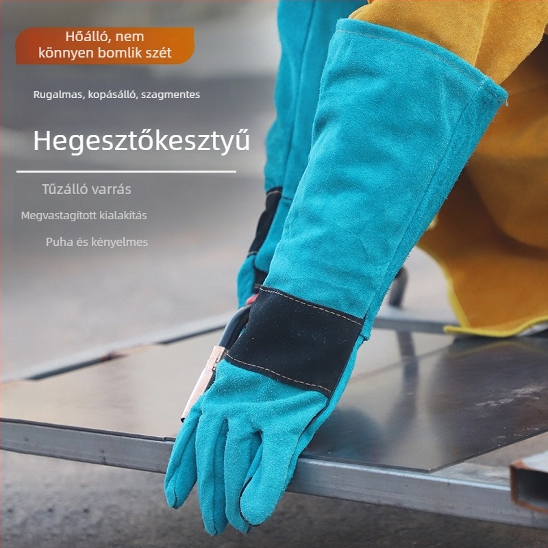 Hegesztő kesztyűk tehénbőrből, puhán megvastagított kivitelben, kopásálló, égési sérülések és magas hőmérséklet elleni védelem, hosszú védőkesztyűk