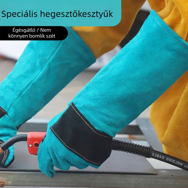 Hegesztő kesztyűk tehénbőrből, puhán megvastagított kivitelben, kopásálló, égési sérülések és magas hőmérséklet elleni védelem, hosszú védőkesztyűk