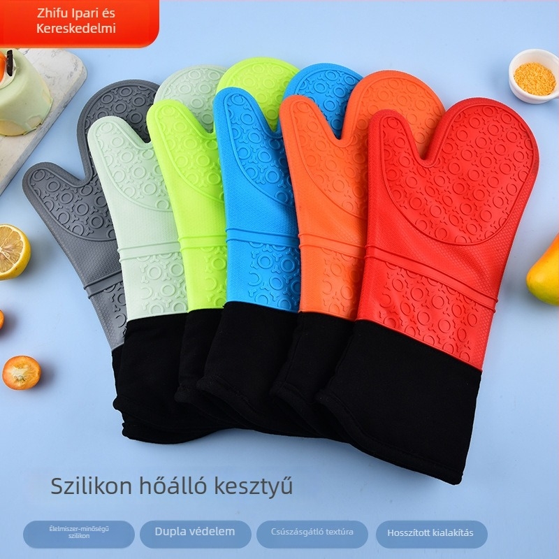 Hosszú szilikon szigetelő kesztyű pamutszegéllyel, égésvédelmet nyújt, csúszásmentes, vastagított, platina felülettel, sütőhöz és mikrohullámú sütőhöz