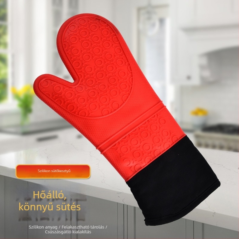Hosszú szilikon szigetelő kesztyű pamutszegéllyel, égésvédelmet nyújt, csúszásmentes, vastagított, platina felülettel, sütőhöz és mikrohullámú sütőhöz