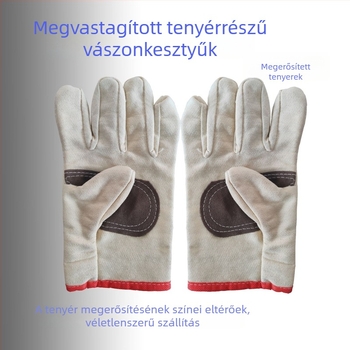 Vászon védőkesztyű hegesztéshez, megerősített tenyérrel és piros éllel, dupla rétegű, hosszított