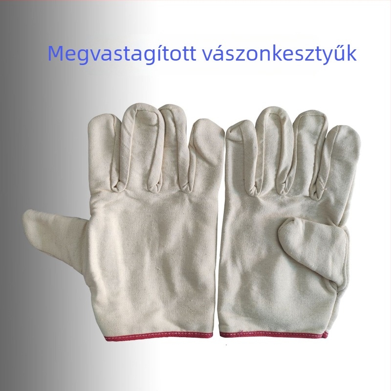 Vászon védőkesztyű hegesztéshez, megerősített tenyérrel és piros éllel, dupla rétegű, hosszított