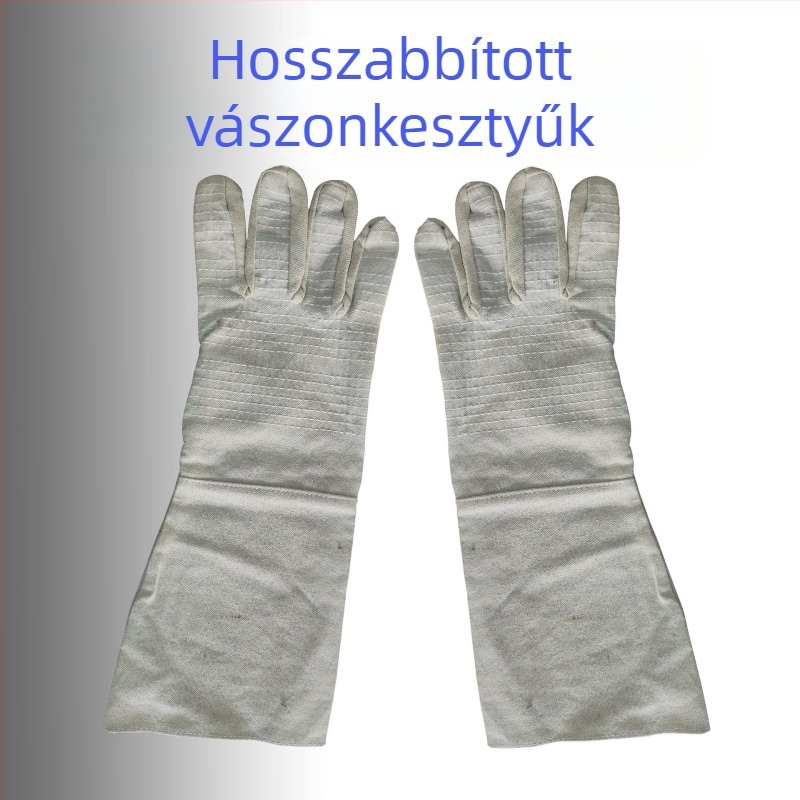 Vászon védőkesztyű hegesztéshez, megerősített tenyérrel és piros éllel, dupla rétegű, hosszított