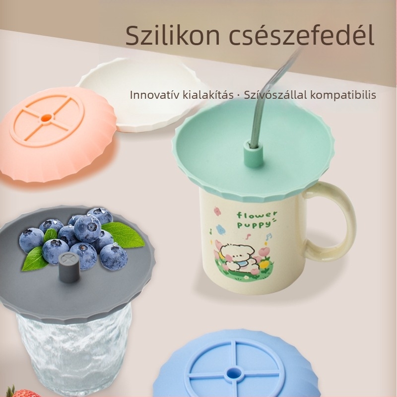 Szilikon pohárfedél szívószállal, porvédő, minimalist design, többfunkciós, különböző méretű poharakhoz illeszkedik