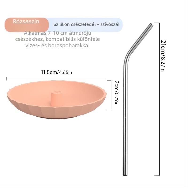 Szilikon pohárfedél szívószállal, porvédő, minimalist design, többfunkciós, különböző méretű poharakhoz illeszkedik