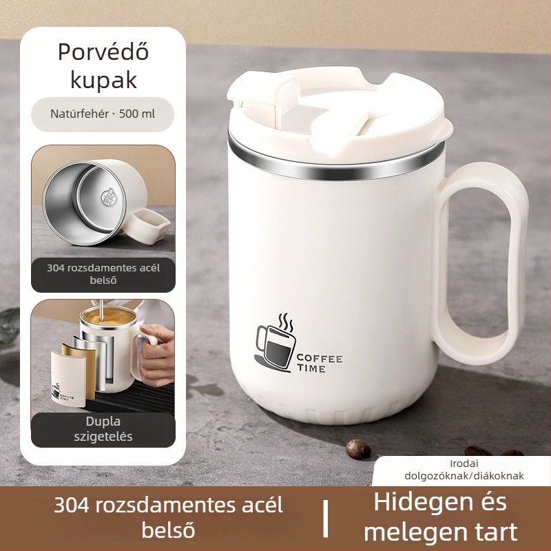 304 rozsdamentes acélból készült dupla falú bögre fogantyúval és fedéllel