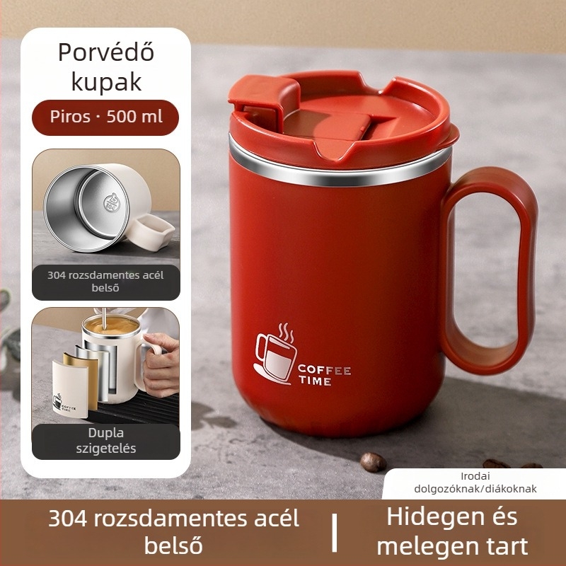 304 rozsdamentes acélból készült dupla falú bögre fogantyúval és fedéllel
