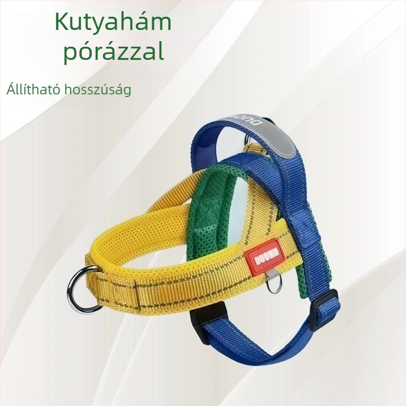 Új kutyahám széles szövetű pántokkal és kontrasztos varrással, nylonból, kültéri használatra