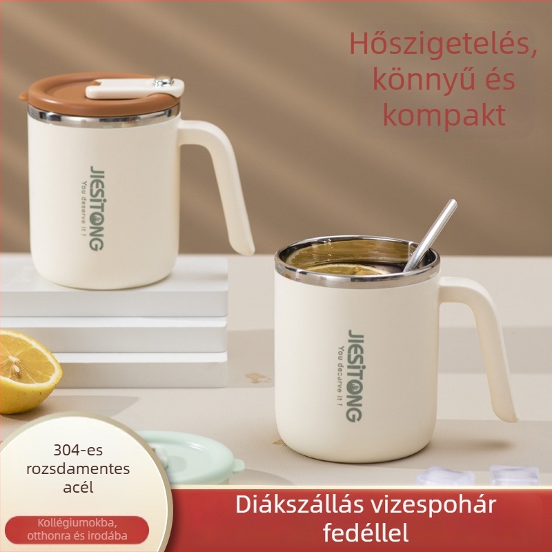 304 rozsdamentes acélból készült bögre fedéllel, szigetelt, égésvédett, irodai használatra, szívószállal