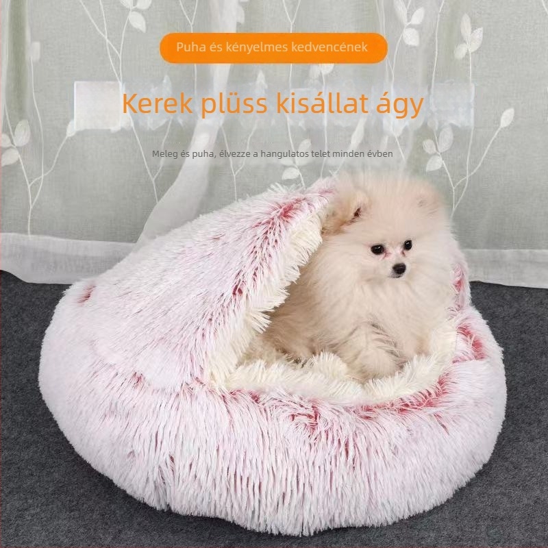 Plüss kör alakú félzárt állatágy kis- és közepes méretű kutyáknak és macskáknak, kétfunkciós.