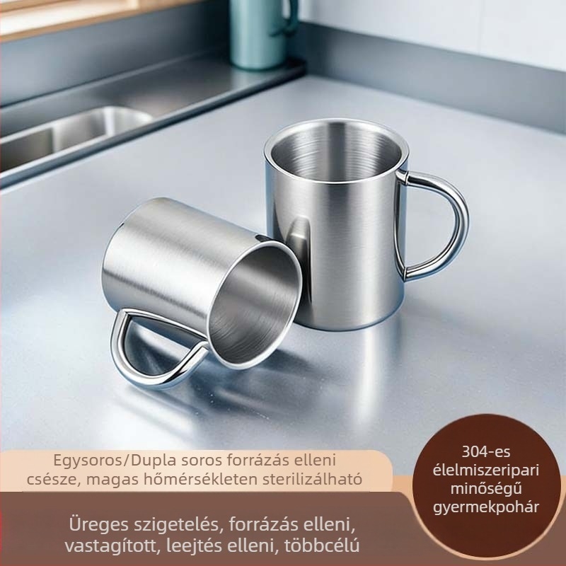 304 rozsdamentes acél gyermekeknek készült pohár, dupla falú, égési sérülés elleni, 200 ml, fedél nélkül