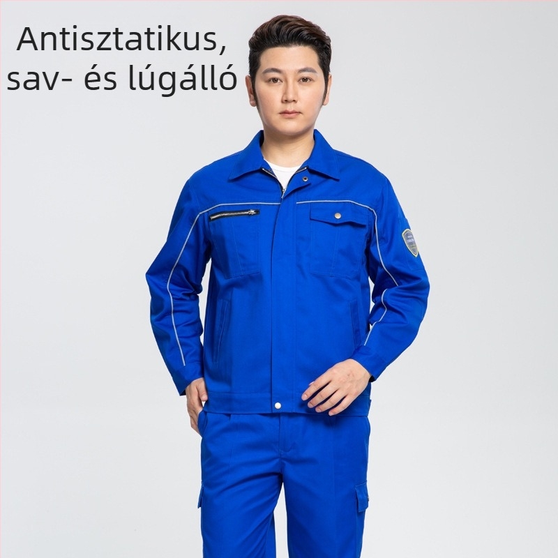 Férfiaknak sav- és lúgálló védőmunkaruha-készlet fényvisszaverő elemekkel, antisztatikus, nyári, vékony.