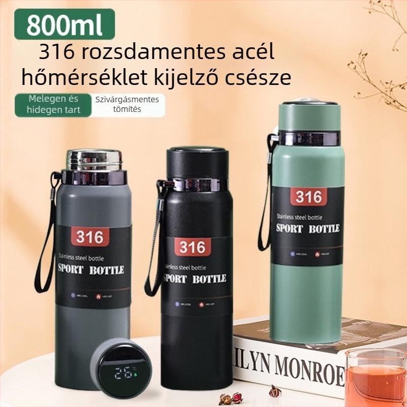 Intelligens hőmérséklet-kijelzővel és vákuum-szigetelt pohárral, 316-os rozsdamentes acélból, nagy kapacitású, kültéri használatra, minimalistikus dizájn, tea-víz szétválasztóval.