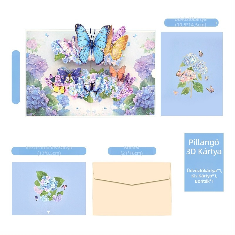 Háromdimenziós pillangó pop-up üdvözlőlap, prémium kivitelben, Tanárnapra és születésnapra.