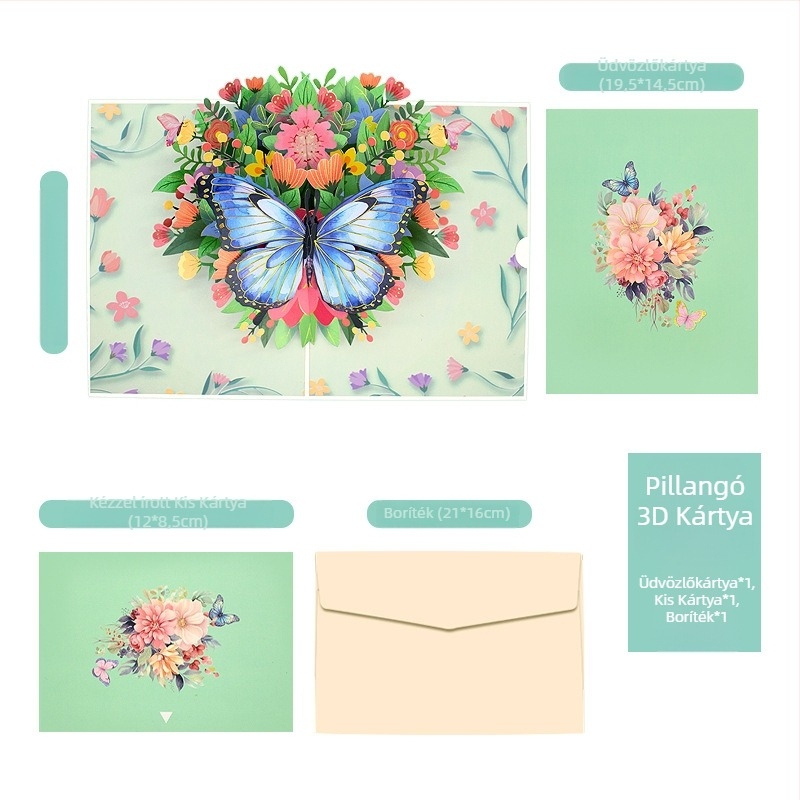Háromdimenziós pillangó pop-up üdvözlőlap, prémium kivitelben, Tanárnapra és születésnapra.