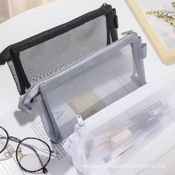 Muji-stílusú minimalist ceruza táska, nagy kapacitású, átlátszó nejlonhálós cipzáros tok irodaszerekhez