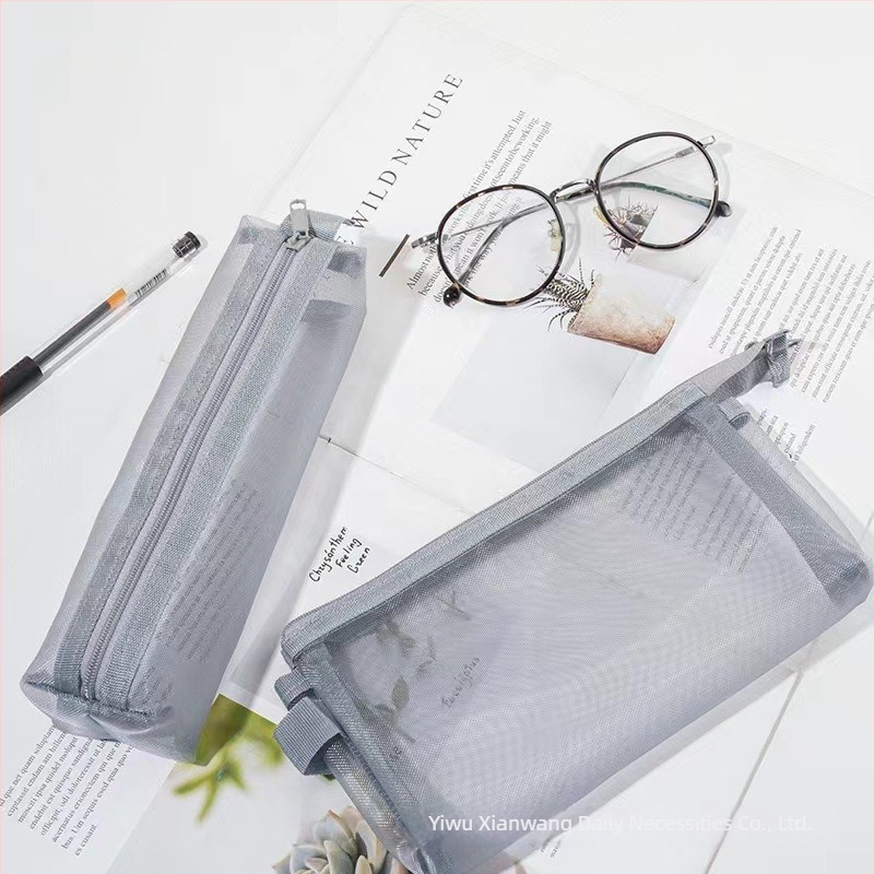 Muji-stílusú minimalist ceruza táska, nagy kapacitású, átlátszó nejlonhálós cipzáros tok irodaszerekhez