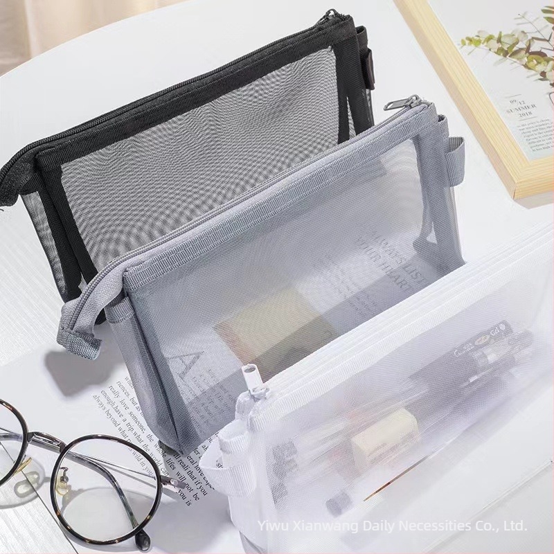 Muji-stílusú minimalist ceruza táska, nagy kapacitású, átlátszó nejlonhálós cipzáros tok irodaszerekhez