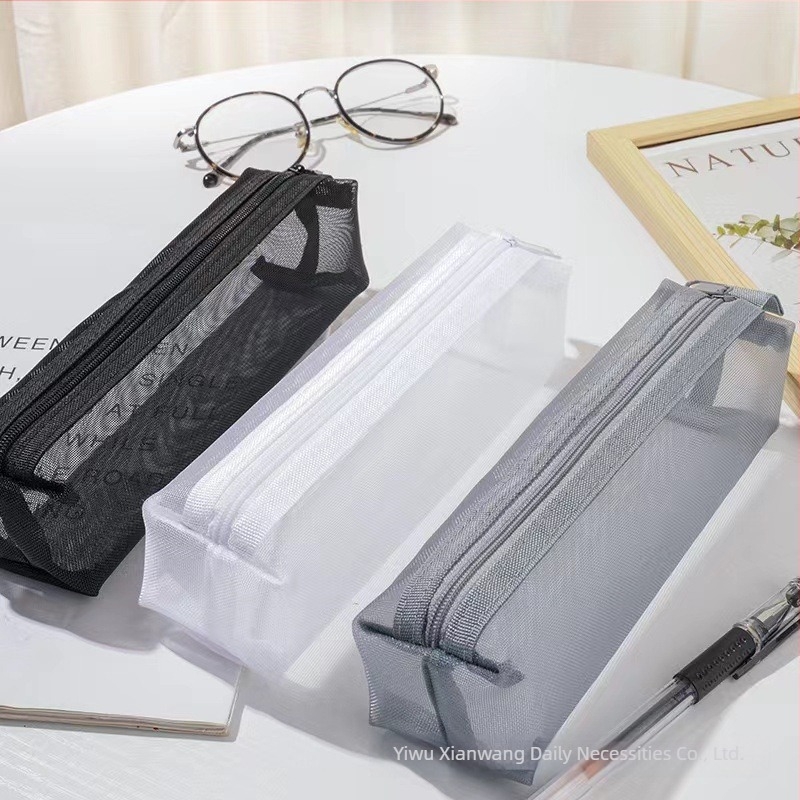 Muji-stílusú minimalist ceruza táska, nagy kapacitású, átlátszó nejlonhálós cipzáros tok irodaszerekhez