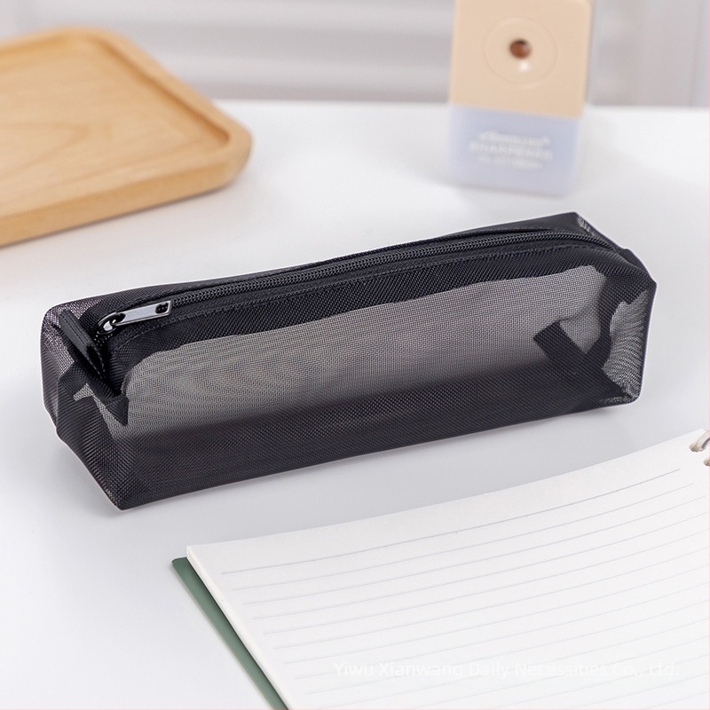 Muji-stílusú minimalist ceruza táska, nagy kapacitású, átlátszó nejlonhálós cipzáros tok irodaszerekhez