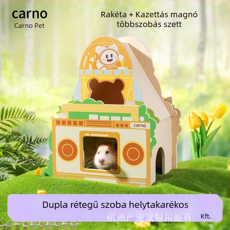Kano hörcsög fából készült búvóháza luxus tömörfa platformával — téli játék és élőhely-felszerelés